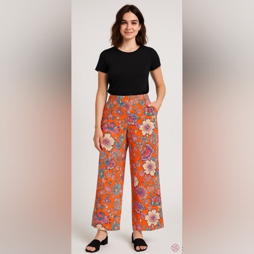 Angie Girls Vibrant Orange Wide-Leg Pants with Paisley Print